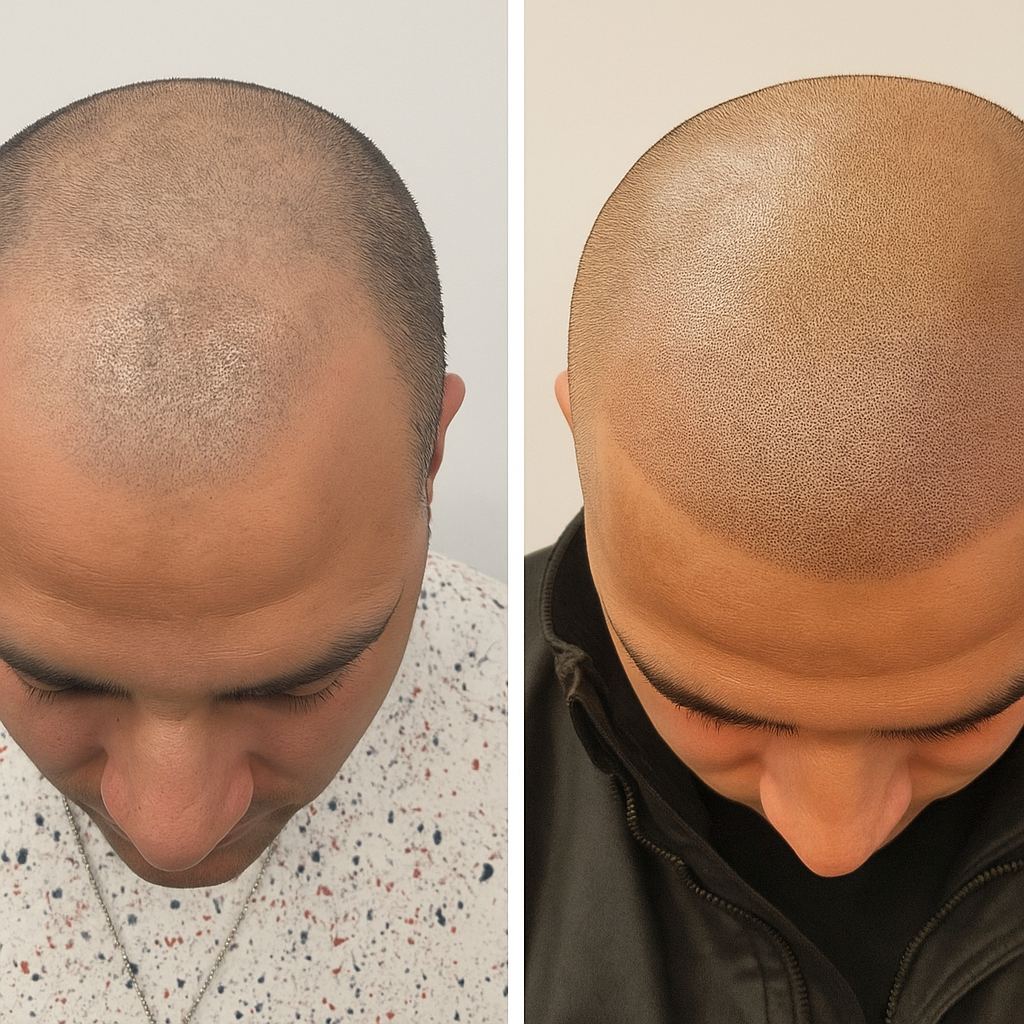Before and after style SMP density result on a short-cropped scalp at Hairline SMP Zirakpur
